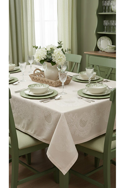 Tropikhome Pano Lace Pamuklu Masa Örtüsü 8 Kişilik 150x220 Cm Masa Örtüsü Krem