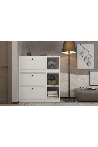 Nettrends Düşer Üç Kapaklı Raflı Beyaz Ayakkabılık Çıtasız Ayk-1069-ç