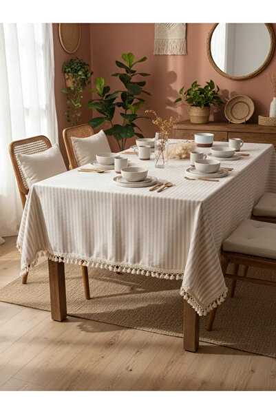 NDC HOME مفرش طاولة من الكتان المخطط باللون البيج