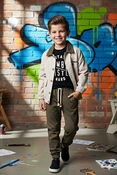 Çelix Kids Erkek Çocuk Gabardin Ceket Ve Jogger Pantolon 3'lü Takım Elbise