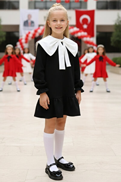 Parla Kids فستان راشيل أسود للفتيات بياقة بيضاء وأكمام طويلة مكشكشة، فستان عر...