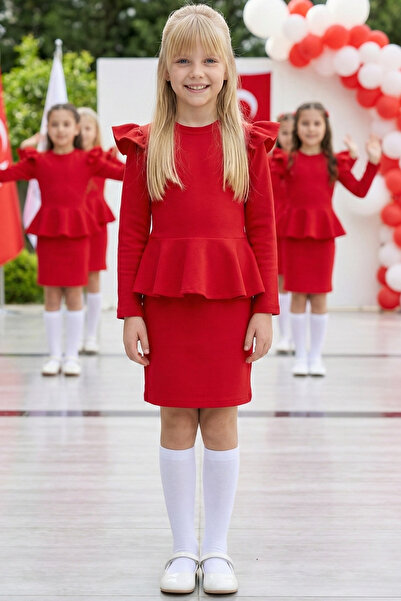 Parla Kids فستان ديانا للفتيات بأكمام طويلة وتفاصيل كشكشة وتنورة حمراء