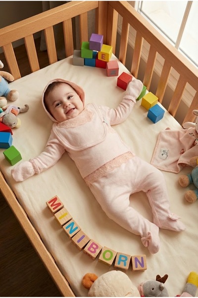 MİNİBORN طقم فاخر مكون من 5 قطع لحديثي الولادة من القطن والدانتيل لخروج الطفل...