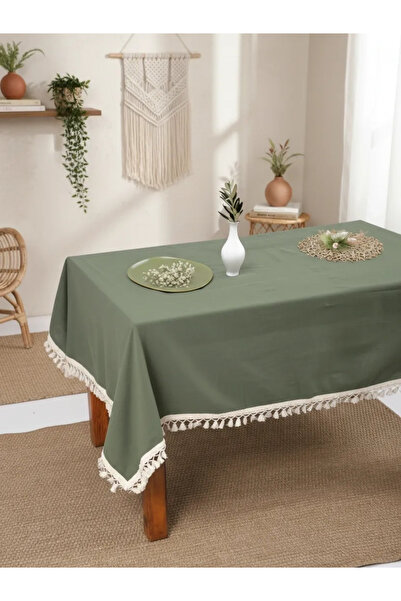 NDC HOME Покривка за маса с помпони от първокласен лен в цвят каки