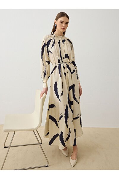 Refka Φόρεμα Hijab με μοτίβο με λεπτομέρεια Gipe στο λαιμό - Μπεζ - Refka