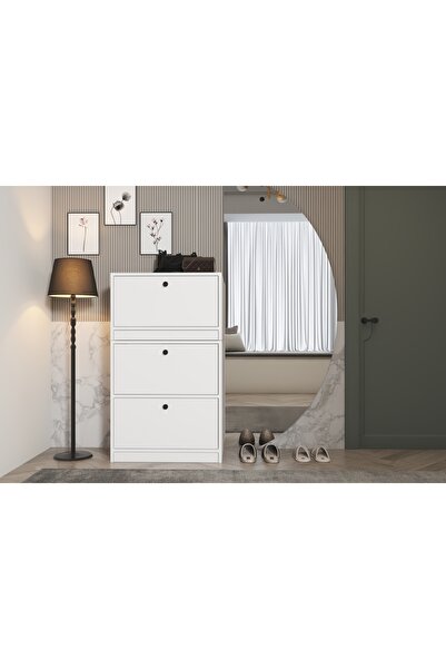 Nettrends Düşer Üç Kapaklı Raflı Beyaz Ayakkabılık Çıtasız Ayk-1058-ç