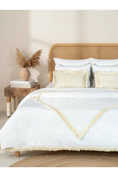 NDC HOME طقم غطاء لحاف متعدد الشرابة من الكتان الأبيض مقاس BATTAL