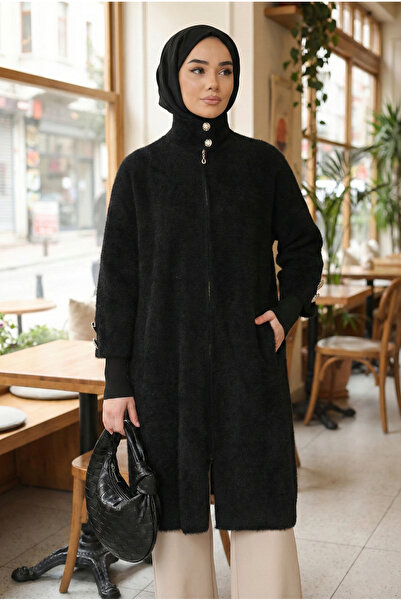 azragül giyim Bearded Soft Knitwear Cardigan with Gold Button Detail