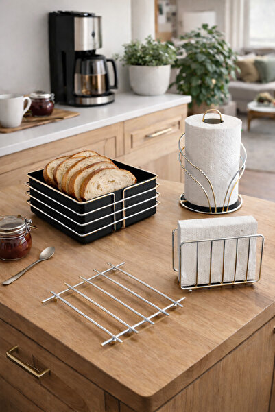 KARTEYA سلة خبز من الكروم الفضي ومجموعة عرض الخدمة وحامل المناشف وحامل المناد...