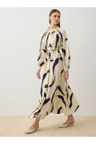 Refka Φόρεμα Hijab με μοτίβο με λεπτομέρεια Gipe στο λαιμό - Μπεζ - Refka