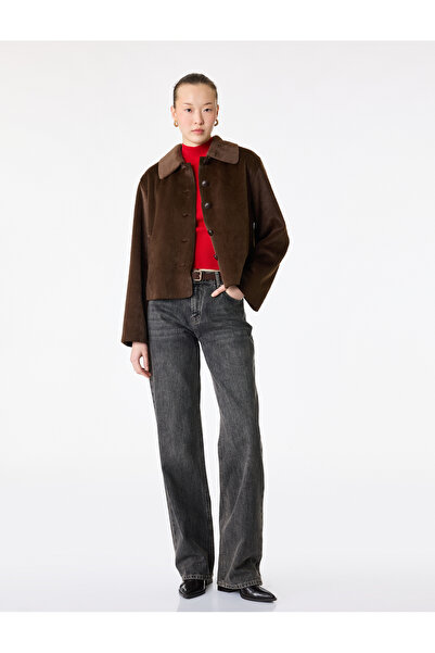 Koton Faux Fur Coat Crop Long Sleeve Buttoned with Pockets
