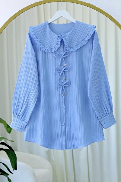 Modamorfo Önü Kurdele Detaylı Düğmeli Önlük Yaka Gömlek -Mavi