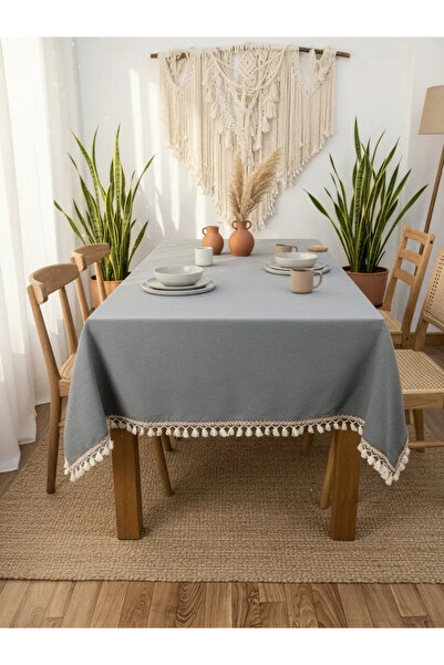 NDC HOME مفرش طاولة كتان فاخر بلون دخاني - بني مخطط بوم بوم