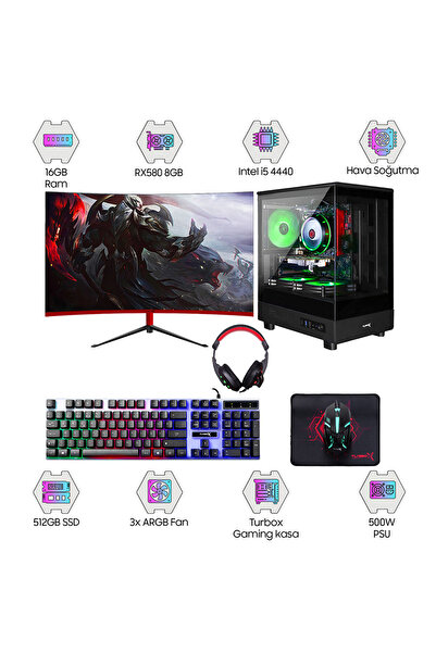 TURBOX Tx6008 i5 4440 16GB Ram 512GB SSD 8GB RX580 23.6 Curved 100Hz Masaüstü...
