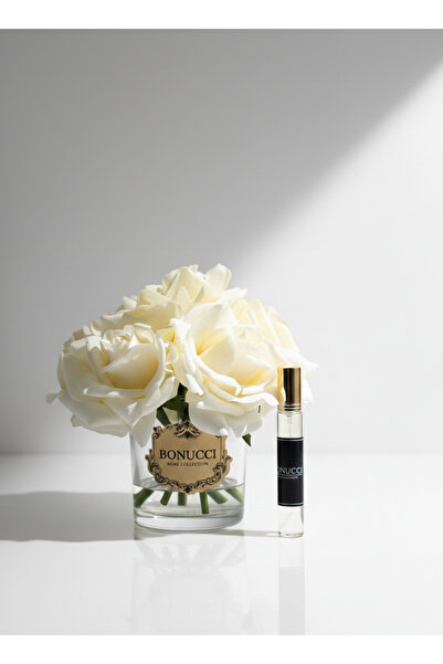 Bonucci 7'li Gold Cam Vazolu Gül Aranjmanı Salon Masa Üstü Dekor - Krem