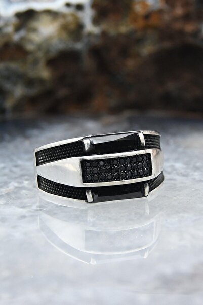 Prestige Siyah Baget Taşlı 925 Ayar Gümüş Erkek Yüzüğü