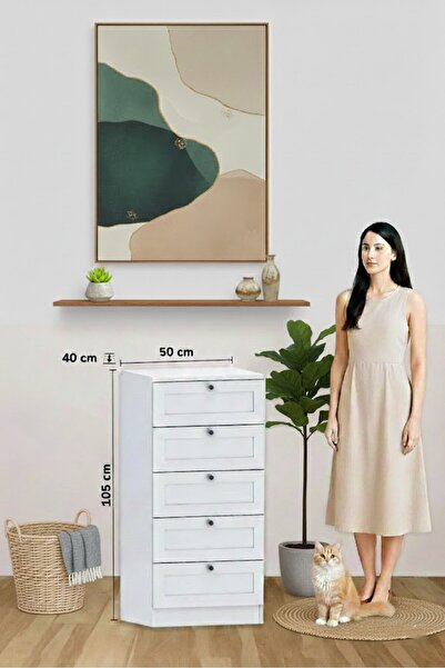 MOONLİGHT 5 Çekmeceli Şifonyer Çok Amaçlı Çamaşırlık Ve Yatak Odası Dolabı Beyaz