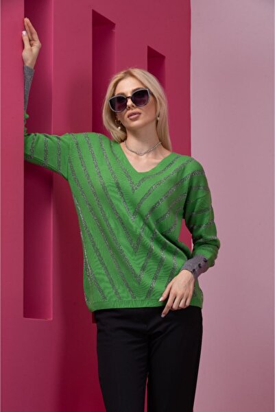 Moda Days Kadın Kireç Yeşili Simli V Yaka Ince Bluz