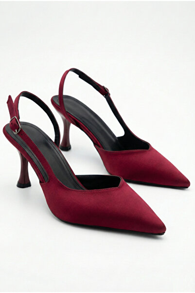 Shoesers Kadın Bordo Saten Tasarım Asimetrik Bantlı Sivri Burunlu İnce Günlük...