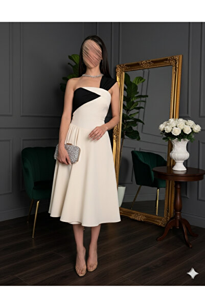 ALGOOD off-white midi dress with one black shoulder