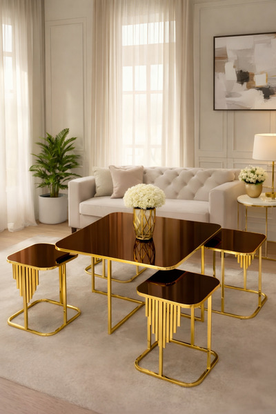 ARS Home 4+1 orta sehpa bronz cam sehpa, modern orta sehpa seti gold sehpa sa...