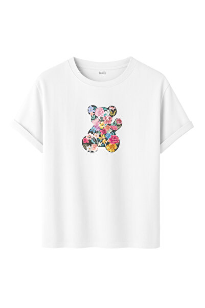 DK DAKSEL Tricou de damă cu imprimeu cu ursuleț supradimensionat de culoare albă