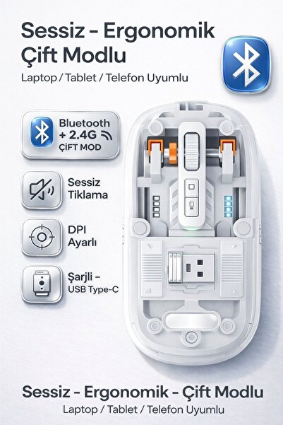 Zineets Bluetooth Ultra Slim Usb 2.4ghz Siyah Ledli 800/1200/1600dpi Şarjlı K...