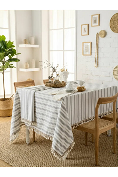 NDC HOME Față de masă cu pompon în dungi gri