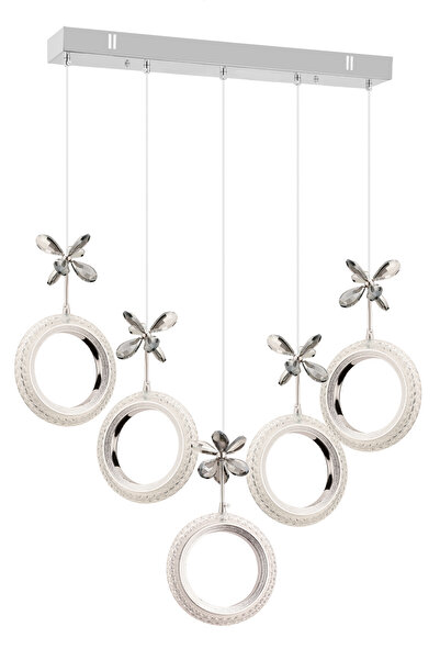 İstanbul Avize Halka 5'li Sıralı Gümüş Kumandalı 3 Renk Kumandalı Led Taşlı L...