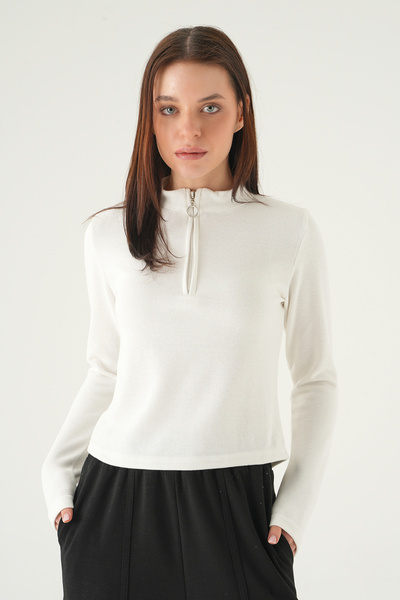 Rays 3069A Zippered Long Sleeve Sweater Ecru