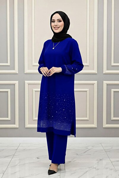 ALYA SET MERVE DETAIL STONE 2-PIECE S albastru cobalt Tesettür Combinație 2-P...