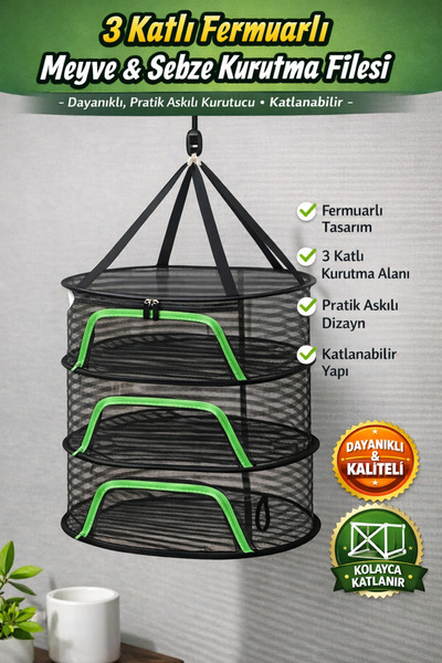 Manosta 3 Katlı Fermuarlı Meyve & Sebze Kurutma Filesi – Dayanıklı, Pratik As...