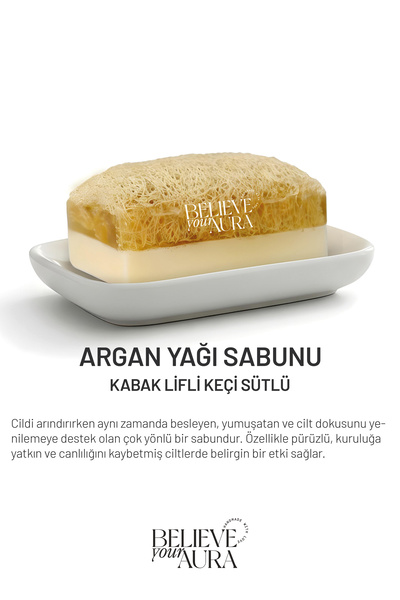 Believe Your Aura Keçi Sütlü Argan Yağı Sabunu - %100 Doğal Kabak Lifli Batık...