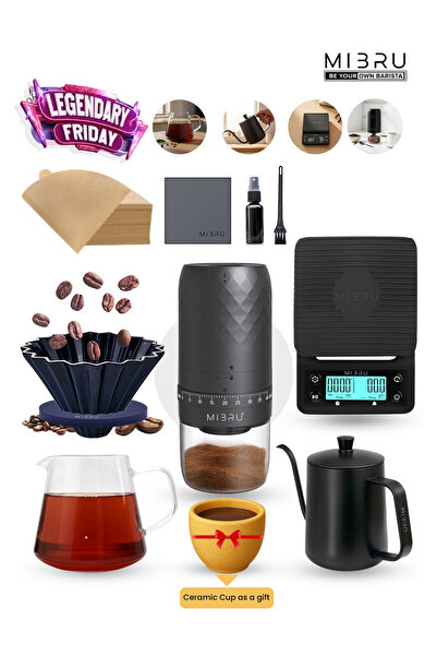 MIBRU مجموعة V60 Coffee Pour Over 09 تتضمن فلترًا وملحقات مميزة مع مطحنة كهرب...