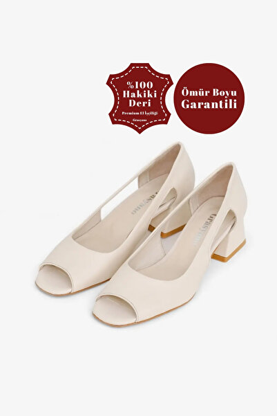 Grasyano Hakiki Deri Sandalet Ekru Krem Yumuşak Deriden Konforlu Sade Önü Yan...