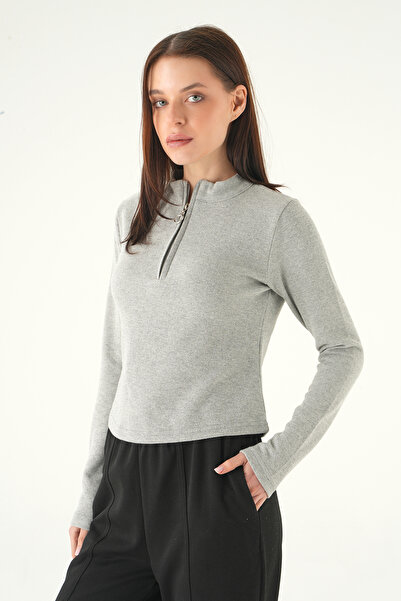 Rays 3069A Zippered Long Sleeve Sweater Gray