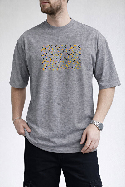 caddekombin تي شيرت رجالي بتصميم تجريدي خطي وياقة دائرية باللون الرمادي