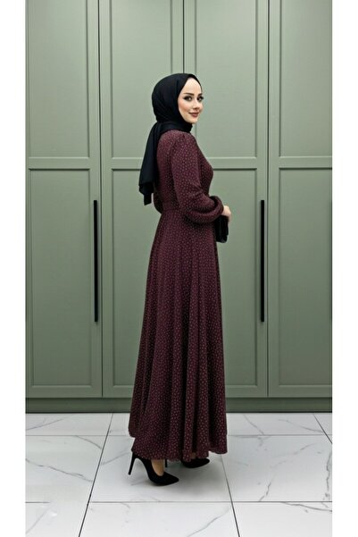 Generic Brand Sultan Abi̇ye Women's Burgundy Wedding Evening Dress with Glitter and Stone Fabric and Belt Detail