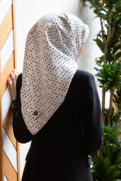 Vissona %100 Twill İpek Çıtır Motif Desenli Krem - Siyah Renkli 90x90 Eşarp D...