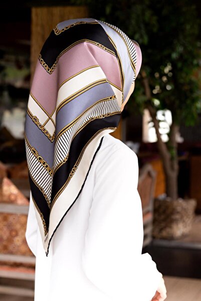 Vissona Eșarfă 100% mătase twill, gri cu model geometric și detaliu tip lanț ...