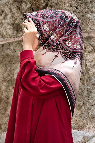 Vissona %100 Twill İpek Şal Desenli Siyah - Bordo Renkli 90x90 Eşarp Dikim Şe...
