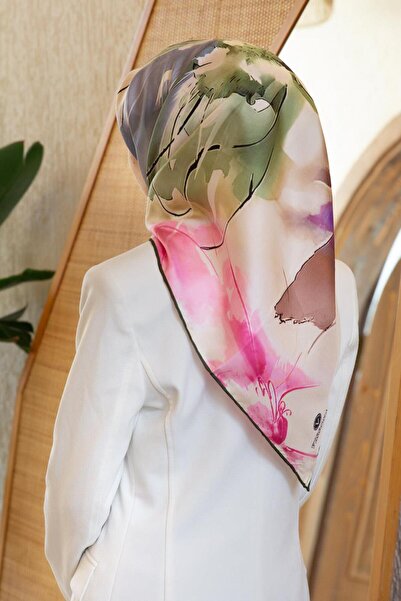 Vissona %100 Twill İpek Sulu Boya Çiçek Desenli Haki Renkli 90x90 Eşarp Dikim...