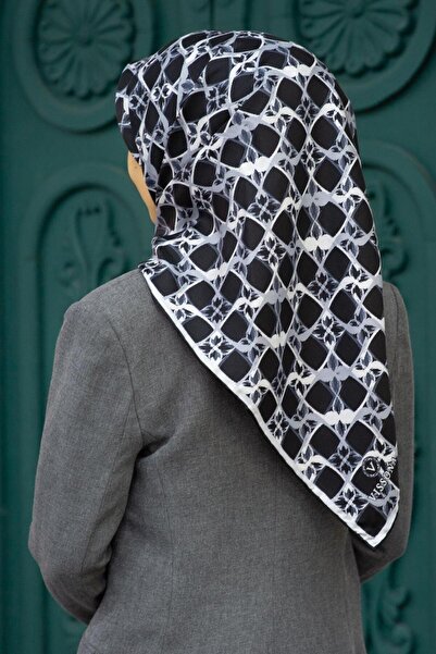 Vissona 100% mătase twill cu model geometric negru - culoare gri 90x90 eșarfă...