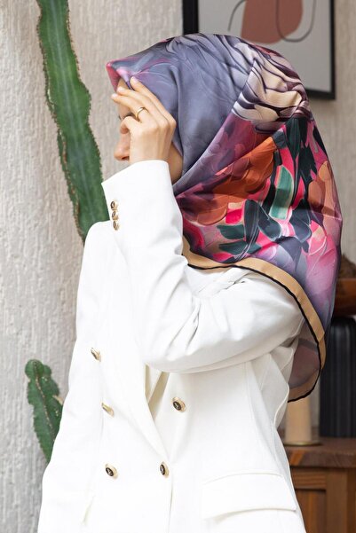 Vissona Κασκόλ 90x90 από 100% μετάξι Twill με καπνιστό φλοράλ μοτίβο σε γκρι ...