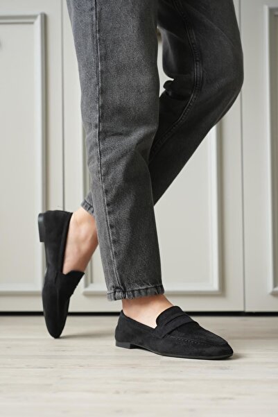 MODAADAM Balerini Olbin cu talpă plată pentru femei - piele intoarsa neagra