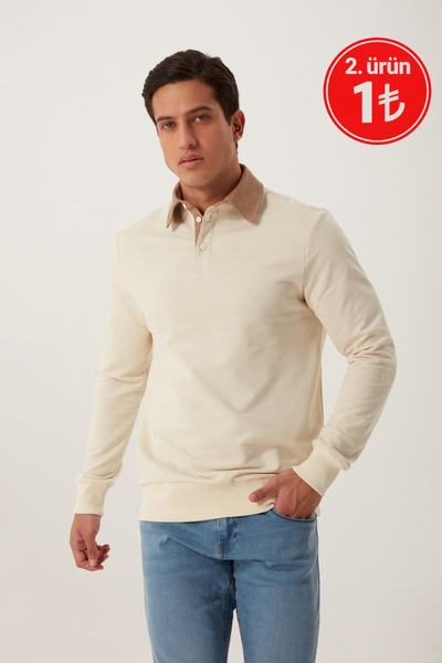 Polo State Erkek Uzun Basic Polo Yaka 2 Iplik Beyaz Bol Sweatshirt