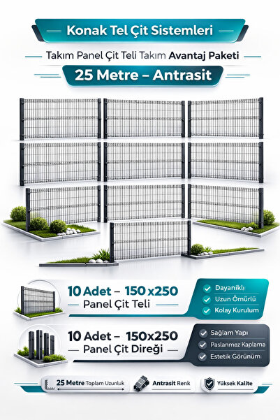 Konak Tel Çit Aksaray 10 Adet Antrasit Takım Bahçe Panel Çit 150x250 cm 55X15...