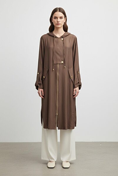 Puane Hooded Drawstring Detailed Long Coat-15254 - Brown