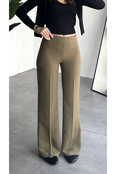 asfamoda Pantaloni de damă kaki cu talie înaltă, din material textil, cu pici...