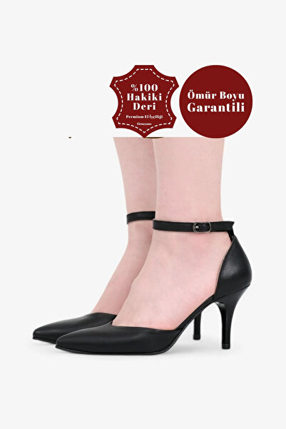Grasyano Hakiki Deri Stiletto Sandalet Siyah Bilekten Bağlama Sivri Burun Yum...